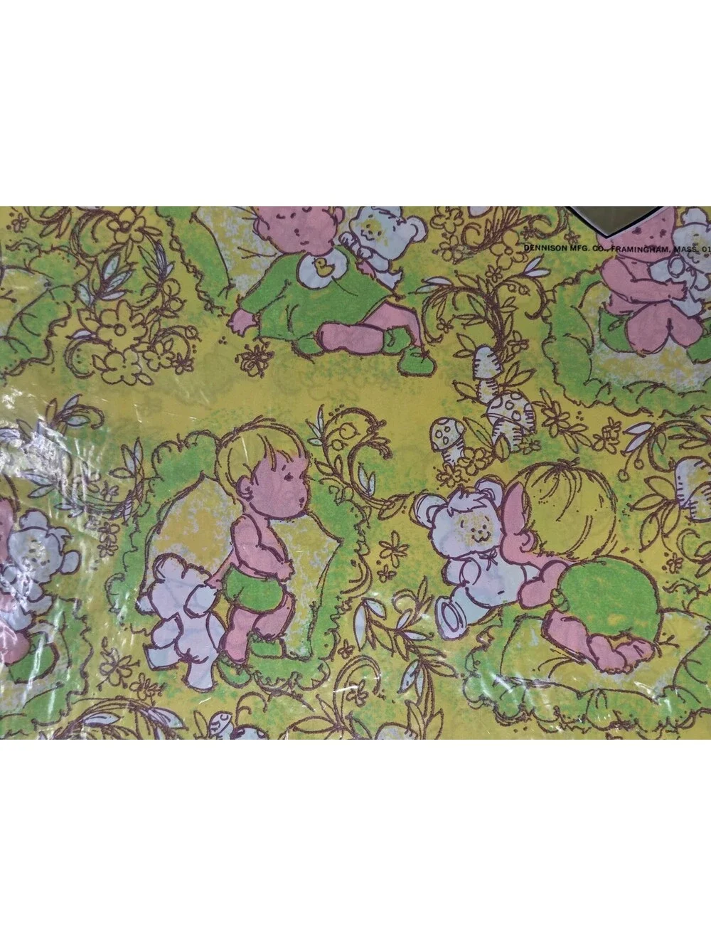 Vintage Dennison Baby Gift Wrap 2 Sheets 20 in x 2.5 ft Yellow Floral Baby Print